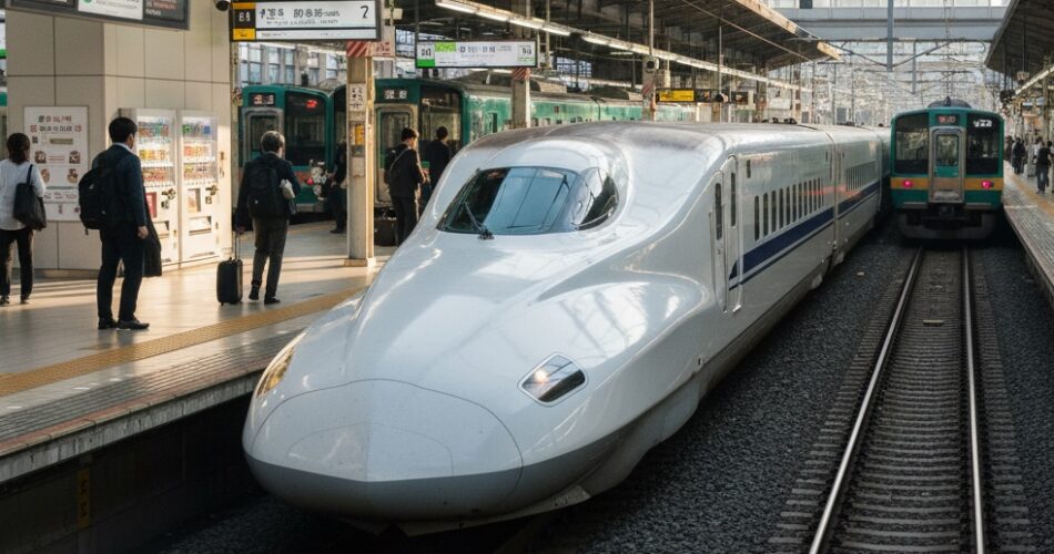 A Shinkansen train waiting a a Japanese rail station