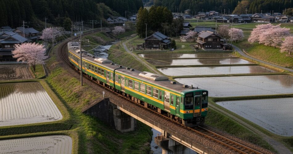 A Japanese train driving through the country side