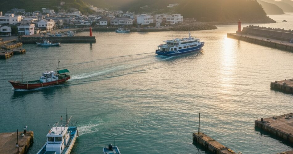 Boats leaving from a Japanese port