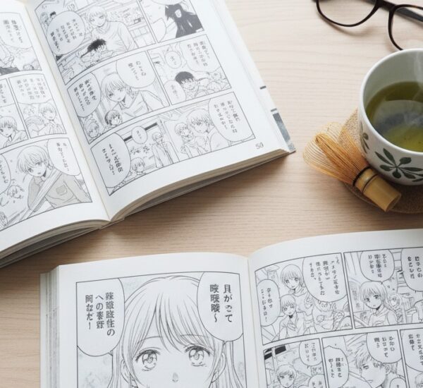 A manga comic with a cup of green tea